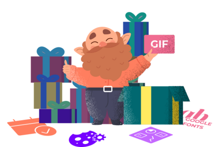 Dwarf holding a sign saying &#34;GIF&#34; and some presents
